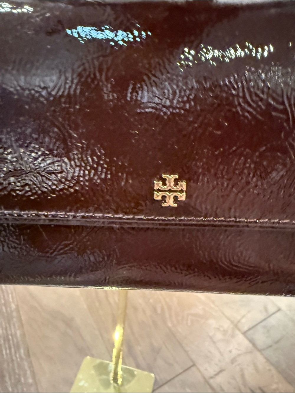 Tory Burch Glossy Burgundy Top-Handle Satchel with Gold Logo Crossbody Bag